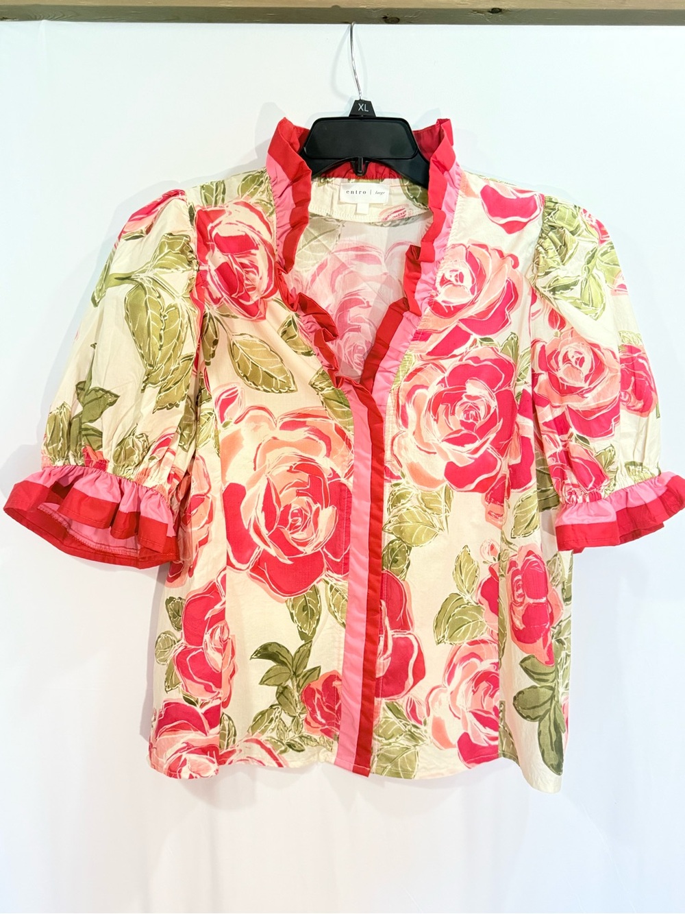 entro Cream Blouse with Pink Rose Print and Red Trim